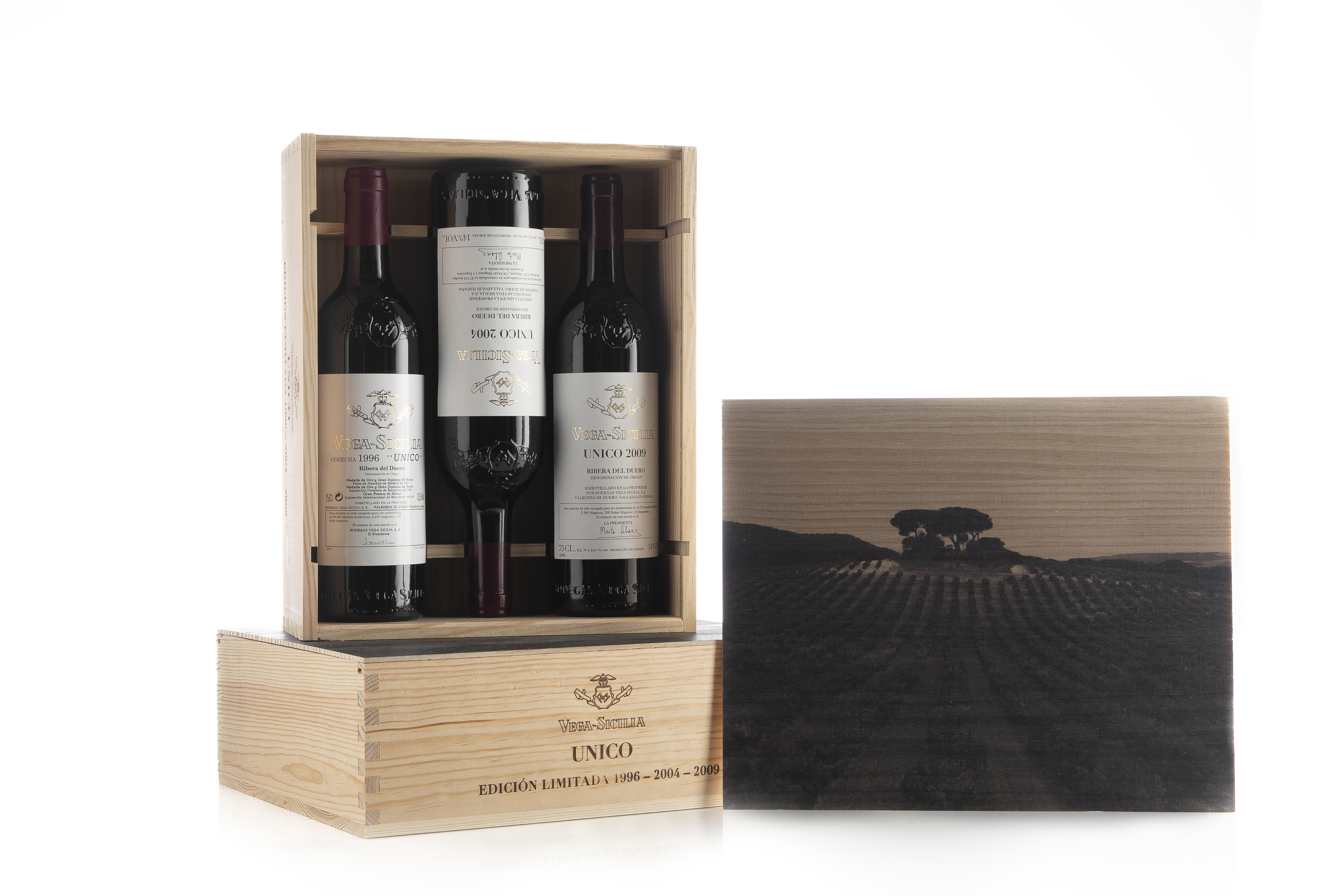 VEGA SICILIA Unico Special Limited Edition Mixed Vintage 1 each of 1996-2004-2009) Wooden Case x 3 Bottles - NO DISCOUNT Image