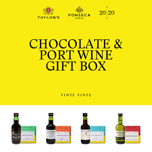 TAYLOR'S - FONSECA 'Vinte Vinte' Chocolate & Port Tasting Box contains 4 x 5cl Ports and 4 x 25g Chocolate Bars Image